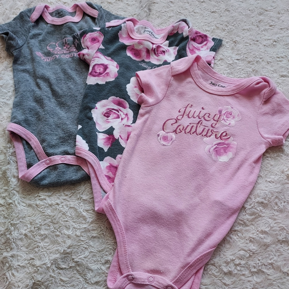Bundle (3) Juicy Couture Floral Pink and Gray Onesies Bodysuits 6-9mo